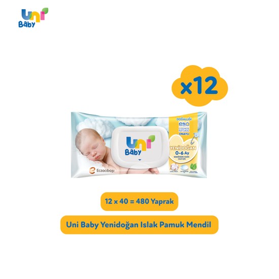 Uni Baby Yenidoğan Islak Pamuk Mendil 12x40 (480 Yaprak)