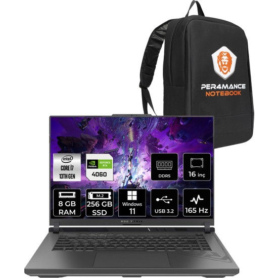 Asus Rog Strix G16 Intel Core I7 13650HX 8gb 256GB SSD RTX4060/8GB 165HZ 16" Fhd+ W11H Taşınabilir Bilgisayar N3158 & Per4 Çanta N3158P341