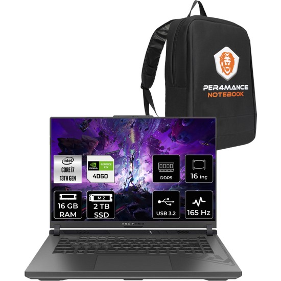 Asus Rog Strix G16 Intel Core I7 13650HX 16GB 2tb SSD RTX4060/8GB 165HZ 16" Fhd+ Fdos Taşınabilir Bilgisayar N3158 & Per4 Çanta N3158P309