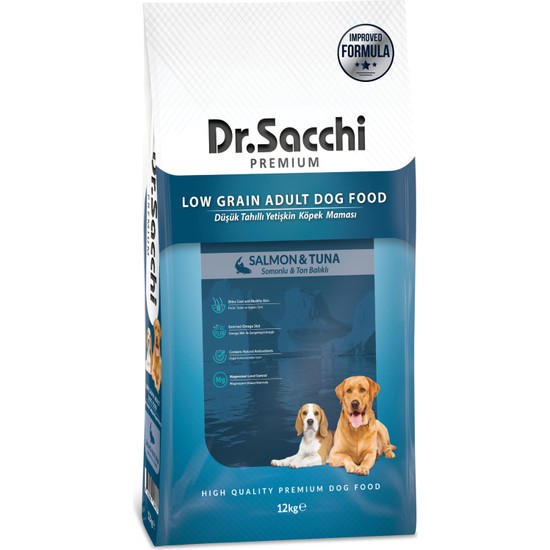 Dr.Sacchi Premium Dr. Sacchi Premium Düşük Tahıllı Somonlu ve Ton Balıklı Yetişkin Köpek Maması 12 kg Yüksek Protein