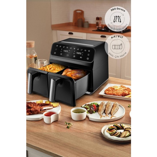 Karaca Resmi Distribütör Garantili Multifry Xxxl 4+4 Litre Dijital Twin Iki Hazneli Airfryer Modern Siyah