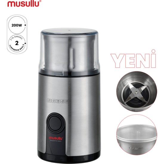 Musullu 200W Kahve ve Baharat Öğütücü İnox Zarif Krom Kaplama Dayanıklı Yapı ile Ergonomik Tasarım