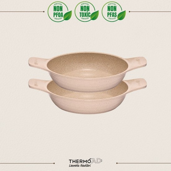 Thermoad 2'li Granit Döküm Güveç Sahan Seti 20cm 22 cm Vizon Renkli Hafif ve Dayanıklı
