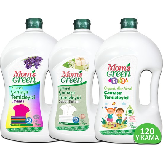 3'lü Set Mom's Green Kids, Renkliler, Sabun kokulu Çamaşır Temizleyici 1500 ml x 3 Organik ve Bitkisel Özelliklerle 120 Yıkama