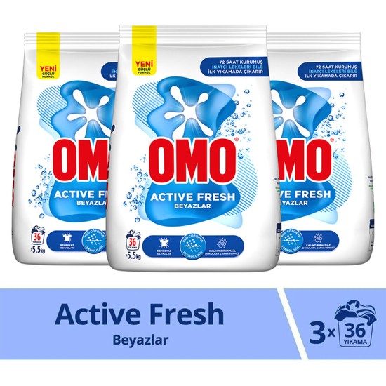 OMO Active Fresh Beyazlar Toz Çamaşır Deterjanı 5,5 KG x3 36 Yıkama Standart Koku ile Zorlu Lekeleri Çıkarır