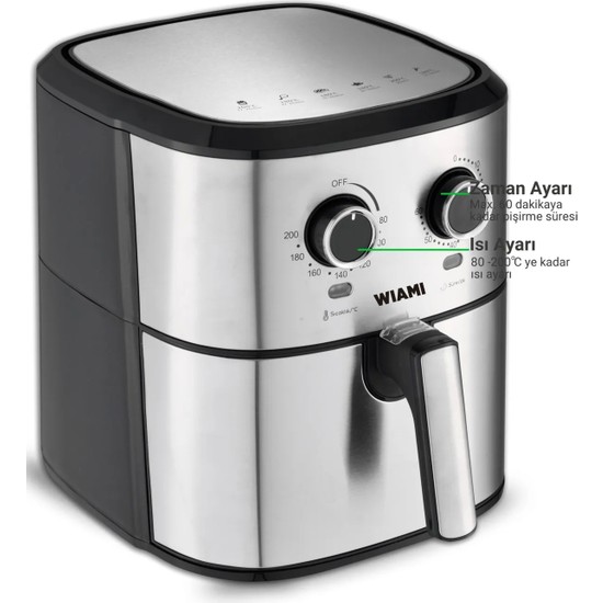 Wiami 6.5 Lt Retro Yağsız Hava Fritözü TTAF-500MS 1000 W Gümüş - Siyah Renkli Çıkarılabilir Hazne
