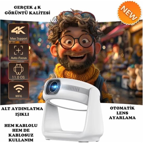 Taşınabilir Powerbankli 4K Destekli 1080P Bluetooth Android Işıklı Sistemli Sinema Projeksiyoncihazı