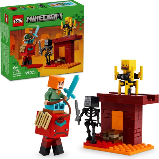 LEGO ® Minecraft Nether Lav Savaşı 21266 – 6+ Yaş için Alex, Moblar, Wither Skeleton, Kılıç ve Blaze İçeren Oyuncak Yapım Seti (99P)