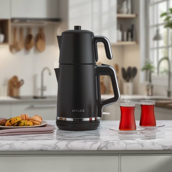Aryıldız Tea Style Siyah Çay Makinesi 0,8 L Çelik Demlik ve 1,7 L Su Isıtıcı ile Hızlı Demleme