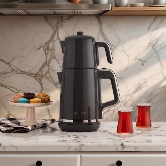 Aryıldız Çay Makinesi Antrasit Çelik 1.7 L Su Isıtıcı 0.8 L Demlik Kapasitesi ile