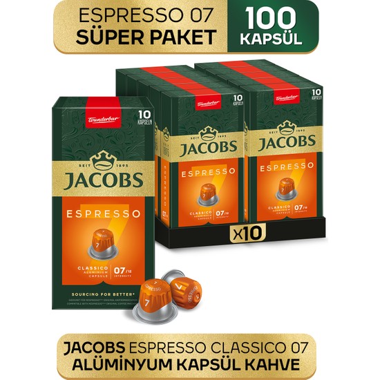 Jacobs Espresso 7 Classico Nespresso Uyumlu Alüminyum Kapsül Kahve 100 Adet Aroma Zenginliği