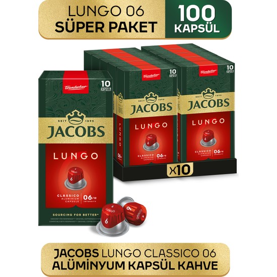 Jacobs Lungo 6 Classic Nespresso Uyumlu Alüminyum Kapsül Kahve 10Adetx10 Paket