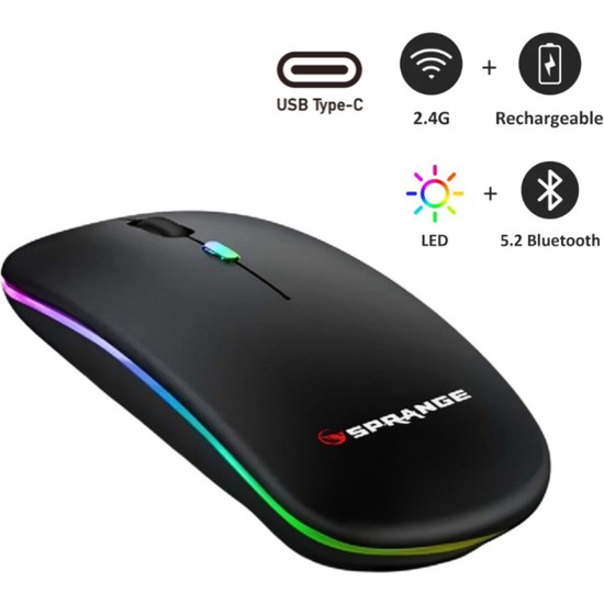 Sprange Srm1 Rgb Ledli Şarjlı Çift Mod 2.4ghz Wireless + 5.1V Bluetooth Mouse