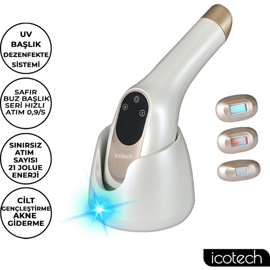 Icotech HR95 Ipl Lazer Epilasyon Aleti Sınırsız Atım Safir Buz Başlık UV Dezenfeksiyon 9 Kademe Beyaz