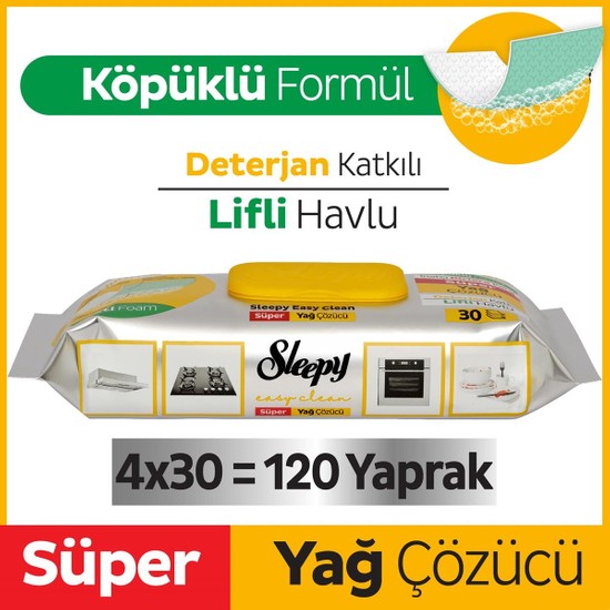 Sleepy Easy Clean Süper Yağ Çözücü Yüzey Temizlik Havlusu&Mendili 4x30 (120 Yaprak)