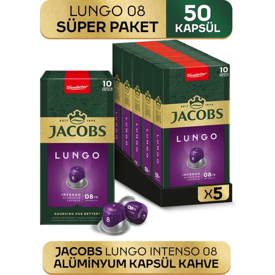 Jacobs Lungo 8 Intenso Nespresso Uyumlu Alüminyum Kapsül Kahve 10 Adet X 5 Paket