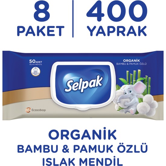 Selpak Organik Bambu ve Organik Pamuk Özlü Islak Mendil 8'li 400 Yaprak