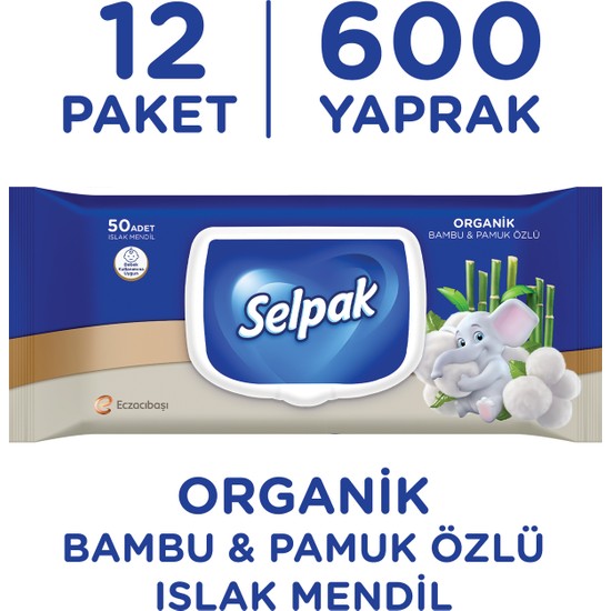 Selpak Organik Bambu ve Organik Pamuk Özlü Islak Mendil 12'li 600 Yaprak