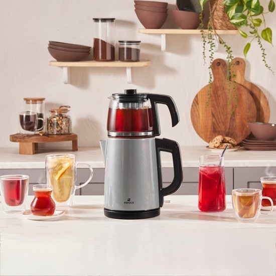 Karaca Tea Glass 2 in 1 Çelik Çay Makinesi ve Kettle Antrasit Inox