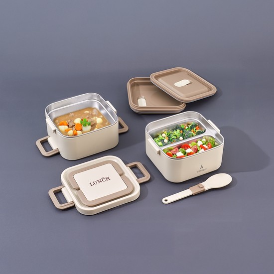 Aryıldız Bento Kare 2 Katlı Lunch Box Yemek Termosu Bej 1400 ml