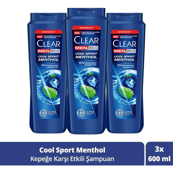 Clear Men Cool Sport Menthol 600 ml x3 Kepeğe Karşı Etkili Şampuan Erkekler İçin Özel Formül