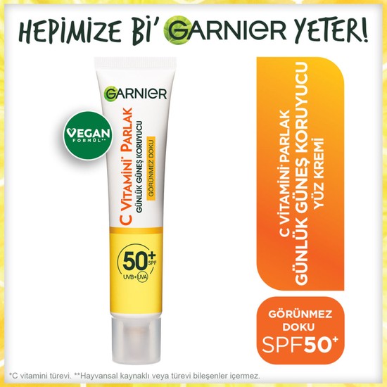 Garnier C Vitamini Parlak Günlük Güneş Koruyucu Fluid Yüz Kremi Görünmez Doku SPF50+ 40ML