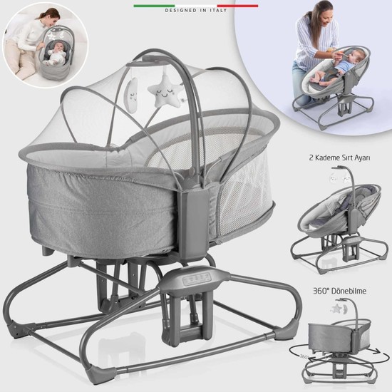 Elele Verde Elektrikli Otomatik Sallanan Ana Kucağı Beşik 360° Dönebilir Gri 0-13 kg Kapasite