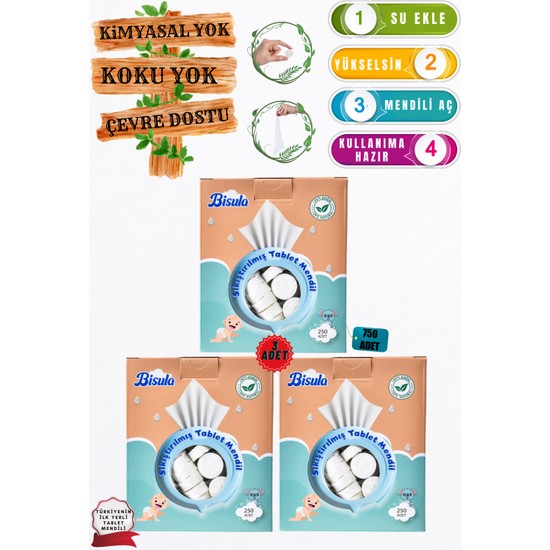 Bisula Sıkıştırılmış Tablet bebek Mendil – Su ile Açılan Tek Kullanımlık bebek Temizlik Bezi ( 3 kutu 750 adet)
