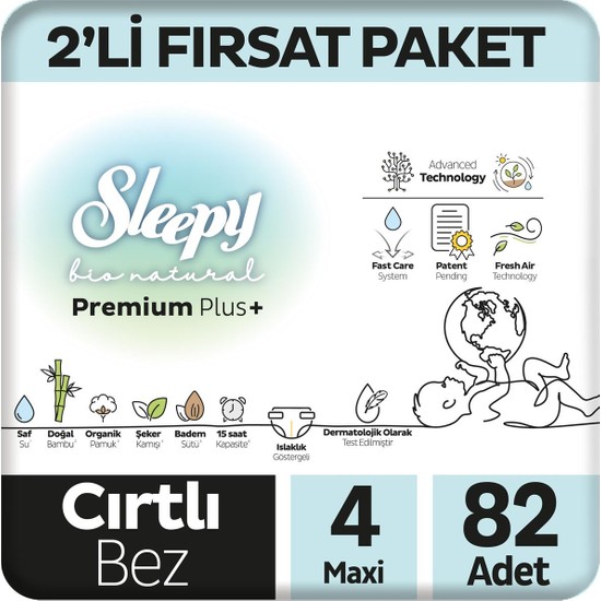 Sleepy Bio Natural Premium Plus 2'li Fırsat Paketi Bebek Bezi 4 Numara Maxi 82 Adet
