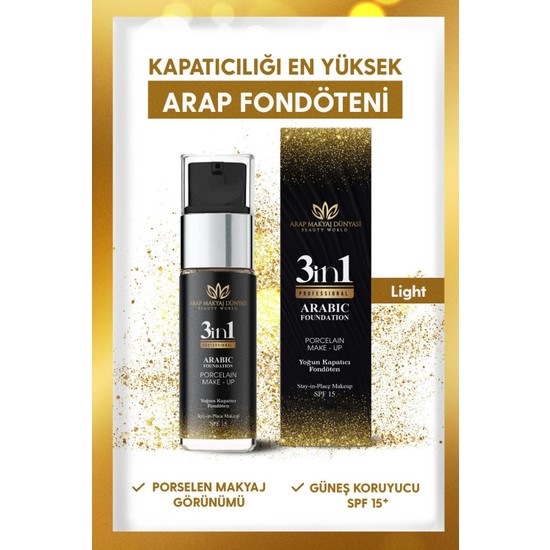 Arap Makyaj Dünyası Yoğun Kapatıcı Fondöten Light SPF 15 Güneş Koruyucu 30 ml Pratik Uygulama