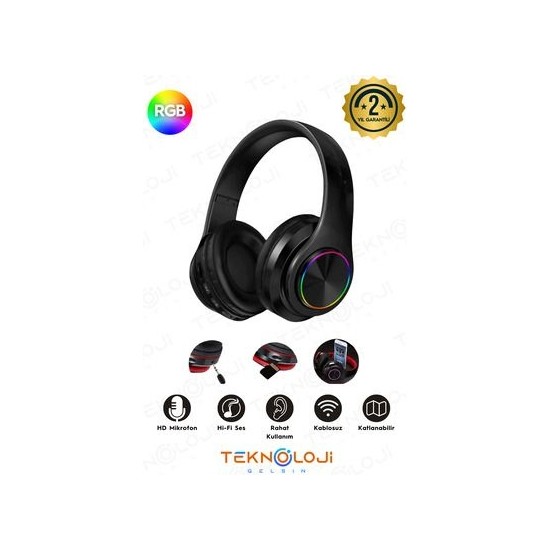 Teknoloji Gelsin Bluetooth Kulaklık Kablosuz Kulaküstü Işıklı Katlanabilir Mikrofonlu Fm-Aux-Sd Siyah