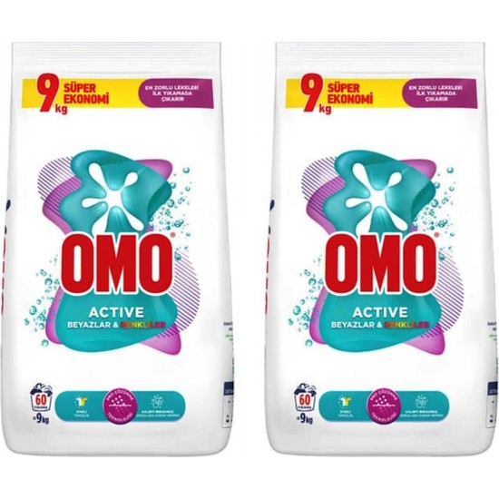 Omo Active 9 kg x 2 Beyaz ve Renkliler İçin Konsantre Toz Çamaşır Deterjanı 60 Yıkama Gücü