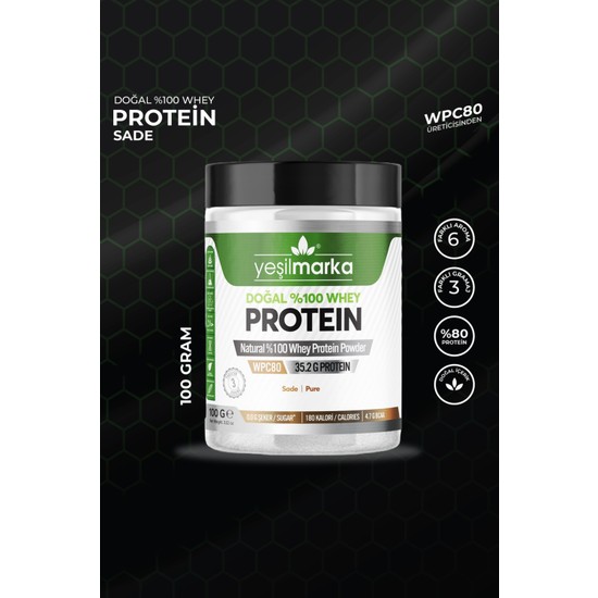 Yeşilmarka %100 Doğal Whey Protein Tozu 100 gr – Türkiye Üretimi, BCAA ve Lif Takviyeli, Yetişkin Sporcular İçin