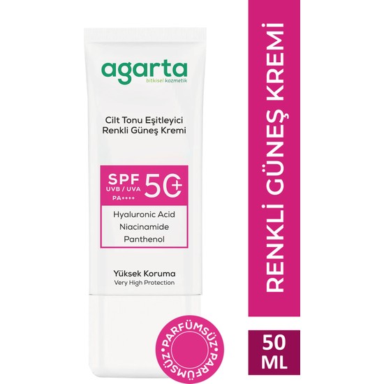 Agarta SPF 50 renkli kapatıcı etkili güneş kremi 50 ml – yüksek koruma sağlar, cilde doğal bir görünüm kazandırır