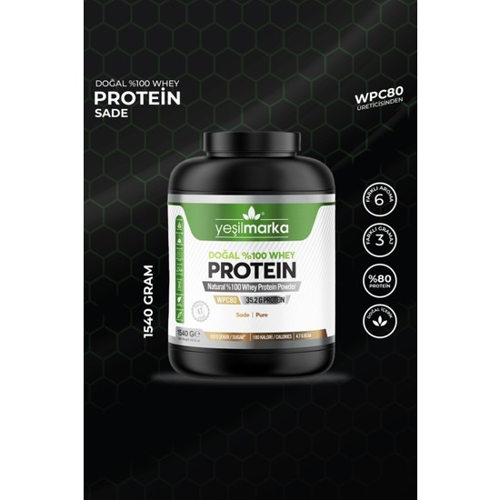 Yeşilmarka Whey Protein Tozu 1540 gr Aromasız Yetişkinler İçin Doğal Besin Takviyesi