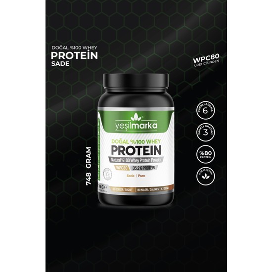 Yeşilmarka Doğal Whey Protein Tozu 748 gr %80 Protein Oranı Türkiye Üretimi Yetişkin Sporcu Takviyesi