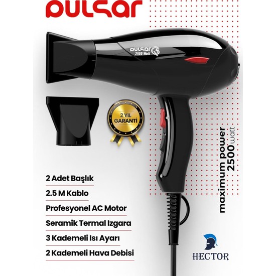 Hector Pulsar Q5 Profesyonel Saç Kurutma & Fön Makinesi 2500W Performans - Siyah