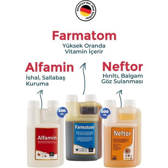 Munich Vet Üçlü (Tavuk. Kuş. Güvercin) Seti Farmatom 500 ml + Neftor 500 Ml+ ALFAMİN500 ml