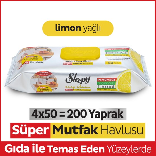 Sleepy Easy Clean Süper Yüzey Temizlik Mutfak Havlusu&Mendili Limon Yağlı 4X50 (200 Yaprak)