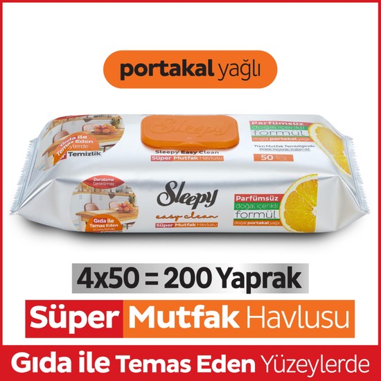 Sleepy Easy Clean Süper Yüzey Temizlik Mutfak Havlusu&Mendili Portakal Yağlı 4X50 (200 Yaprak)