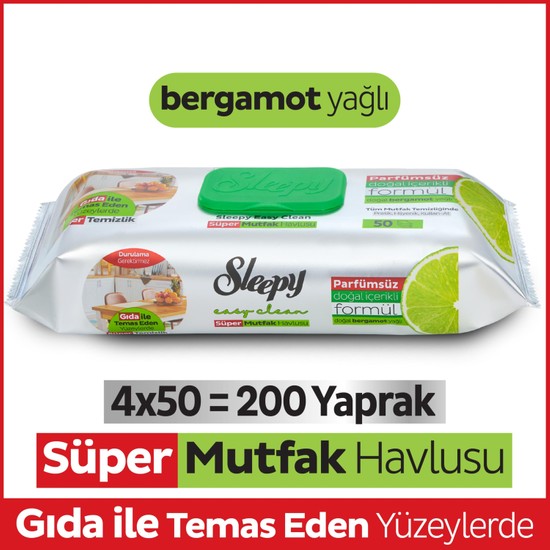 Sleepy Easy Clean Süper Yüzey Temizlik Mutfak Havlusu&Mendili Bergamot Yağlı 4X50 (200 Yaprak)