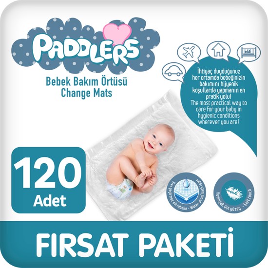 Paddlers Bebek Bakım Örtüsü 60x60 cm Pamuk Malzemeden Sıvı Geçirmez 120 Adet Düz Beyaz (12 x10) Alt Açma Bezi, Yatak Koruyucu