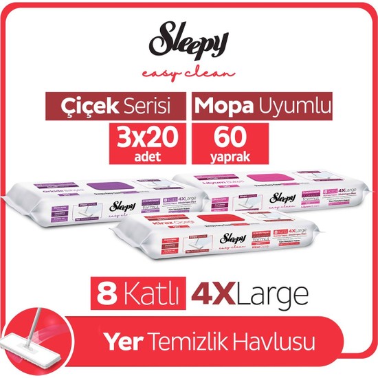 Sleepy Easy Clean Lilyum+Kiraz Ç+Orkide Mopa Uyumlu Yer Temizlik Havlusu&mendili 3X20 (60 Yaprak)