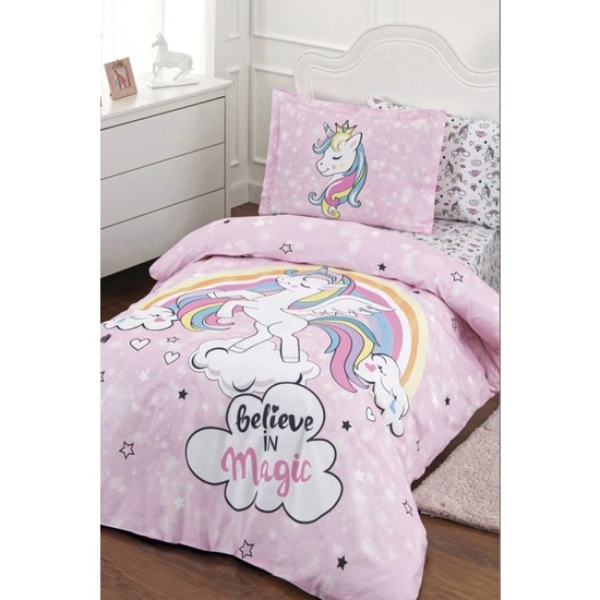 Özdilek Pembe Unicorn Lastikli Çarşaf Tek Kişilik Nevresim Takımı 5253
