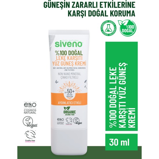 Siveno %100 Doğal Yüz Güneş Kremi Leke Karşıtı Aydınlatıcı Çinko Mineral Filtre SPF 50+ UVA UVB 30 ml