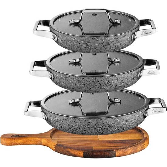 Brioni Stone-Age 7 Parça Çizilmez Yanmaz Yapışmaz İndüksiyonlu 18 cm 20 cm 22 cm 3'lü Sahan Omlet Seti