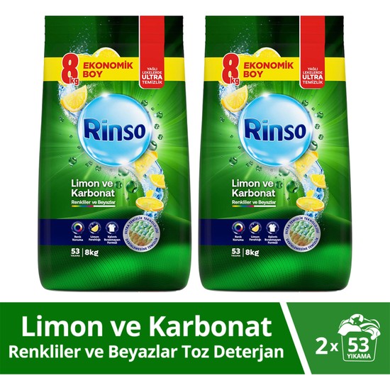 Rinso Toz Çamaşır Deterjanı 8 kg x 2 Limon ve Karbonat 53 Yıkama Ultra Temizlik ve Leke Çıkarma Gücü