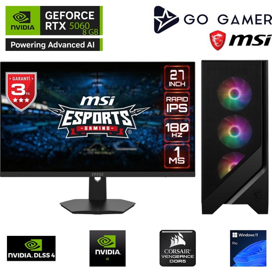 Go Gamer GA929D AMD Ryzen 7 7800X3D / 32GB DDR5 5600MHz / 1TB NVMe m.2 SSD / RTX 5060 / 240mm Sıvı Soğutma / MSI 27" 180Hz. / AMD Gaming Paket