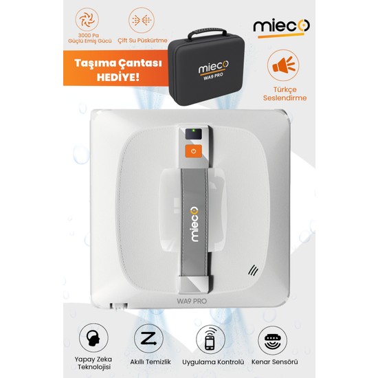 Mieco WA9 Pro Kumandalı Çift Yönlü Su Püskürtmeli Cam Temizleme Robotu 3000 Pa Emiş Gücü ile Akıllı Kontrol