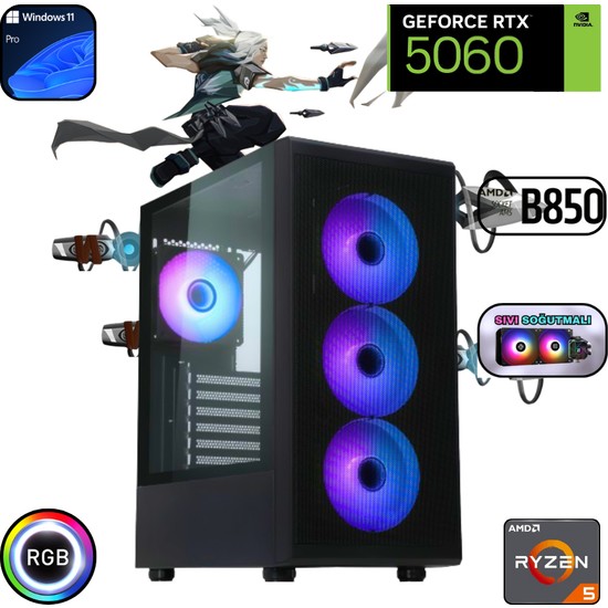 Güneysu Ryzen 5 7500F 32GB Ddr5 1tb SSD Rtx 5060 B850 Wi Fi Anakart 240MM Sıvı Soğutma Windows 11 Pro Masaüstü Bilgisayar